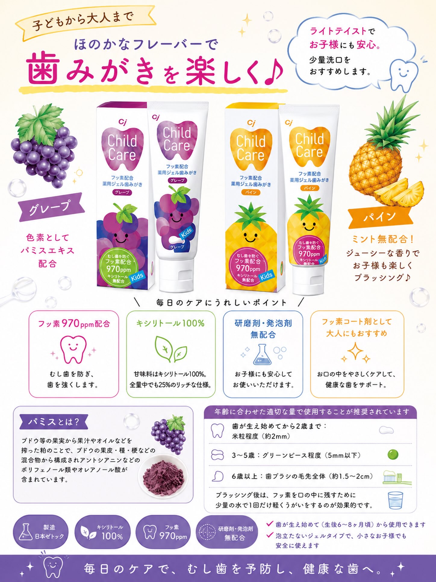 こんにちは⭐️
都立家政南口歯科です🦷
＝＝＝＝＝＝＝＝＝＝

🍇🍍毎日の歯みがきをもっと楽しく♪🍍🍇

お子さまの「歯みがきイヤ！」を応援する
Ci チャイルドケア フッ素配合ジェル歯みがき🦷✨

当院では
🍇グレープ
🍍パイン
の2種類をご用意しています♪

✔ フッ素970ppm配合
✔ キシリトール100％（甘味料中）
✔ 研磨剤・発泡剤無配合
✔ 泡立ちにくいジェルタイプ
✔ パイン・グレープはミント無配合で、お子さまも使いやすい♪

歯が生え始めた頃（生後6〜8か月頃）からお使いいただけます🪥

年齢別の使用量の目安
🦷 歯が生え始め〜2歳：米粒程度（約2mm）
🦷 3〜5歳：グリーンピース程度（5mm以下）
🦷 6歳以上：歯ブラシの毛先全体（約1.5〜2cm）

ブラッシング後は、少量のお水で1回だけ軽くうがいをすると、お口の中にフッ素が残りやすく、より効果的です✨

毎日の歯みがきを楽しい時間にして、むし歯予防を始めませんか？😊
気になる方は、お気軽にスタッフまでお声がけください🌿

#都立家政南口歯科 #中野区の歯医者 #フッ素 #歯磨き粉 #キッズ 
＝＝＝＝＝＝＝＝＝＝
🦷【都立家政南口歯科】🦷
〒165-0033
住所:東京都中野区若宮3丁目17-6
メゾンドグリシーヌ1階